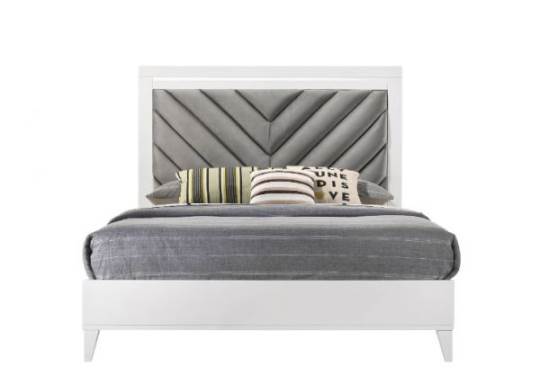 Bed in Gray Fabric & White Finish