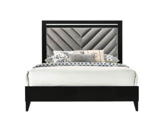 Bed in Gray Fabric & Black Finish