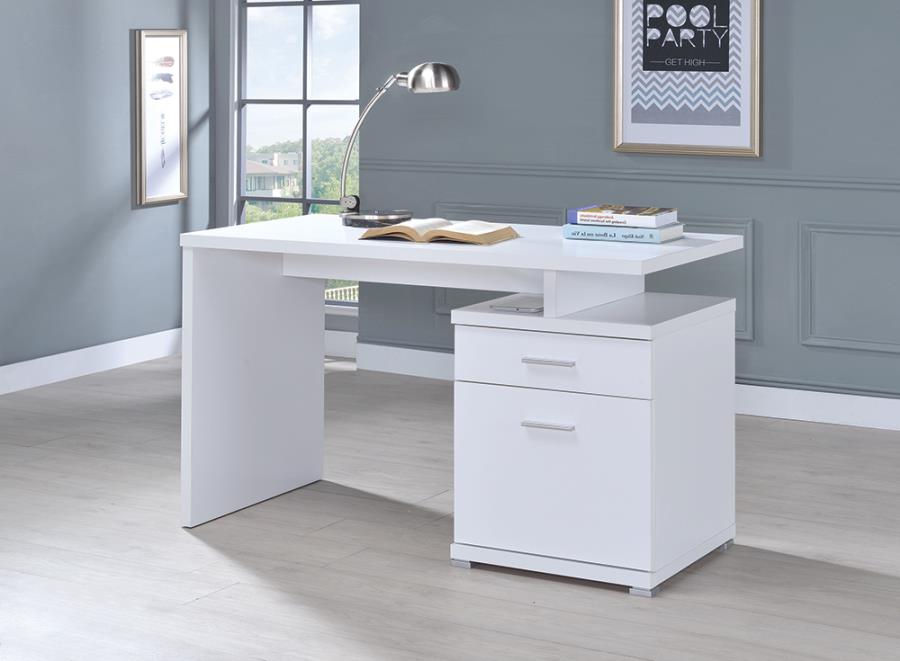 White Office Desk with File Cabinet on the Right