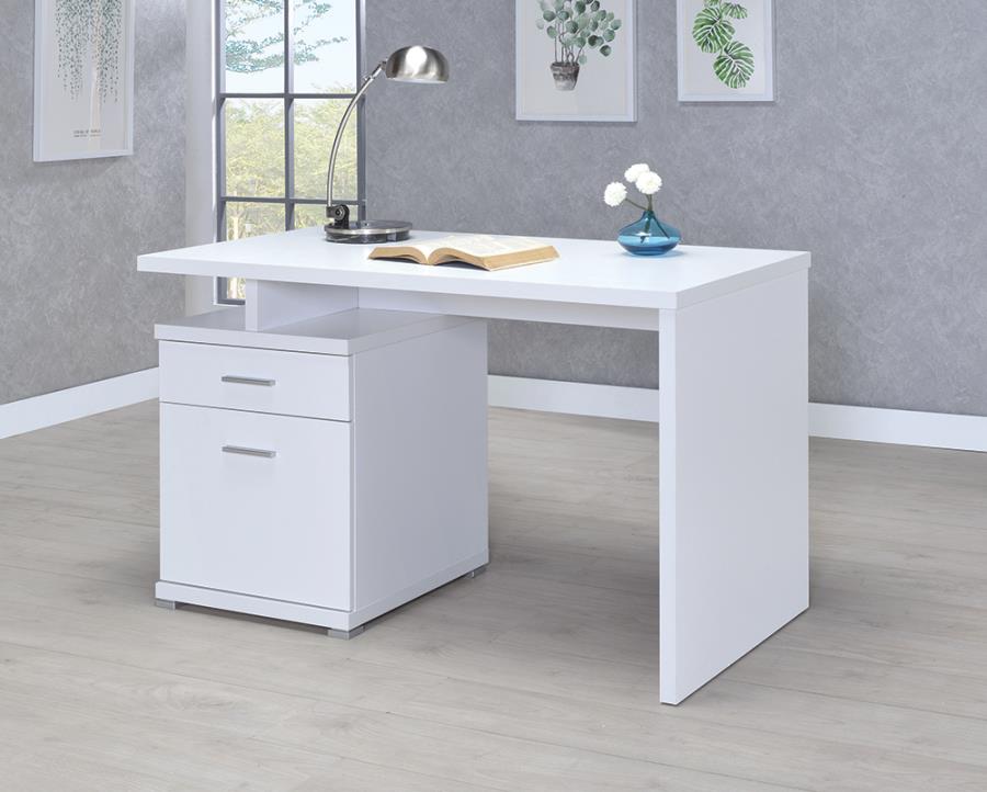 White Office Desk with File Cabinet on the Left