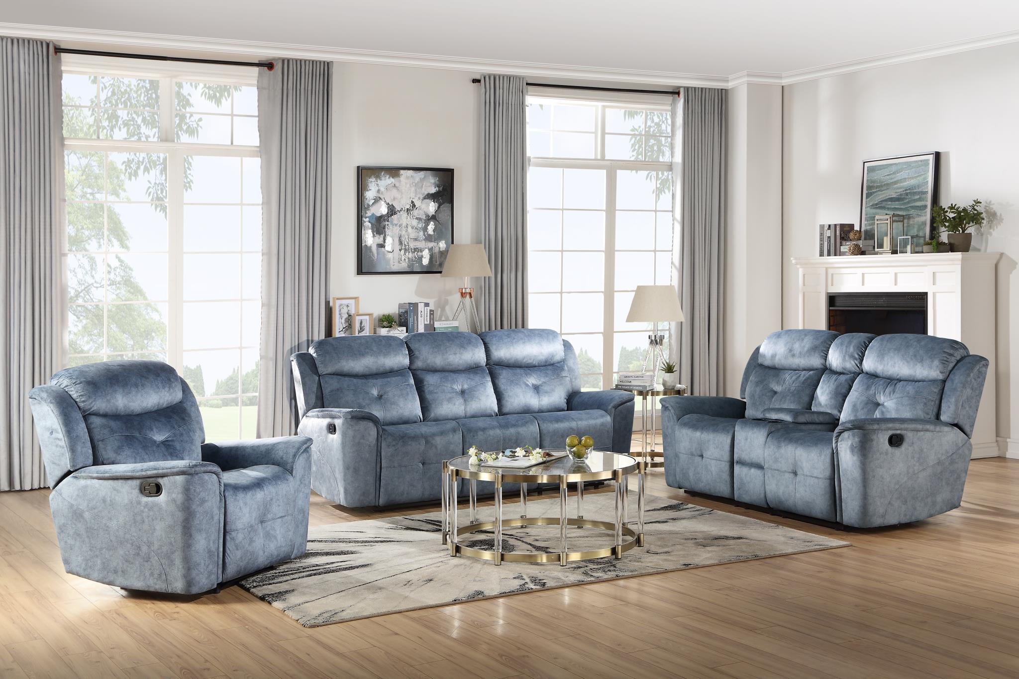 Silver Blue Fabric Complete Reclining Sofa Set