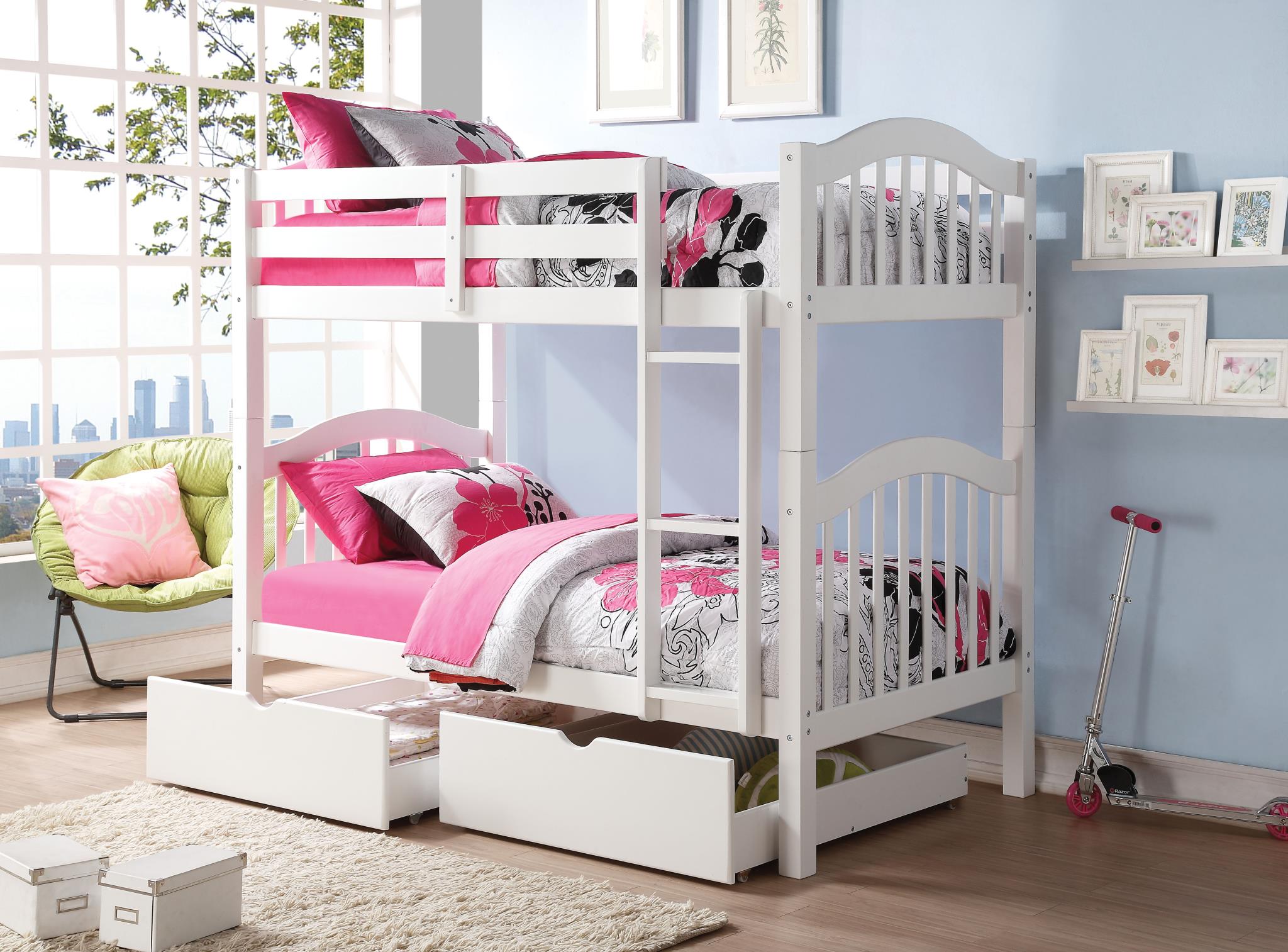 White Twin/Twin Bunk Bed w/ Drawers