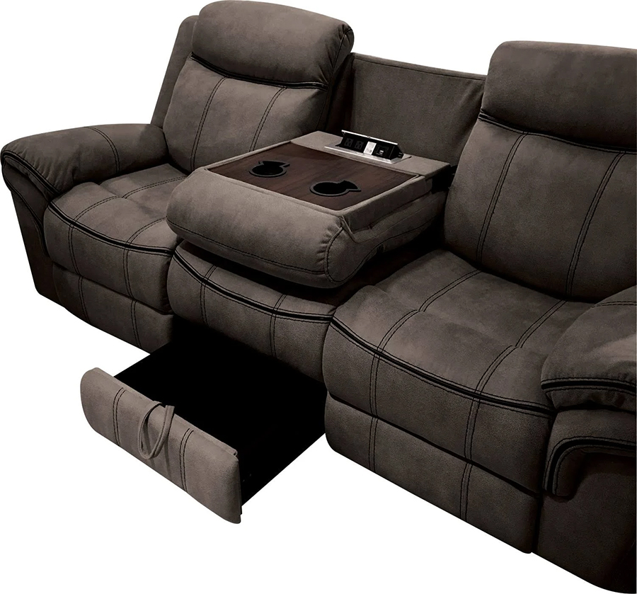 Two Tone Chocolate Reclining Sofa Drop Down Middle Console and Storage