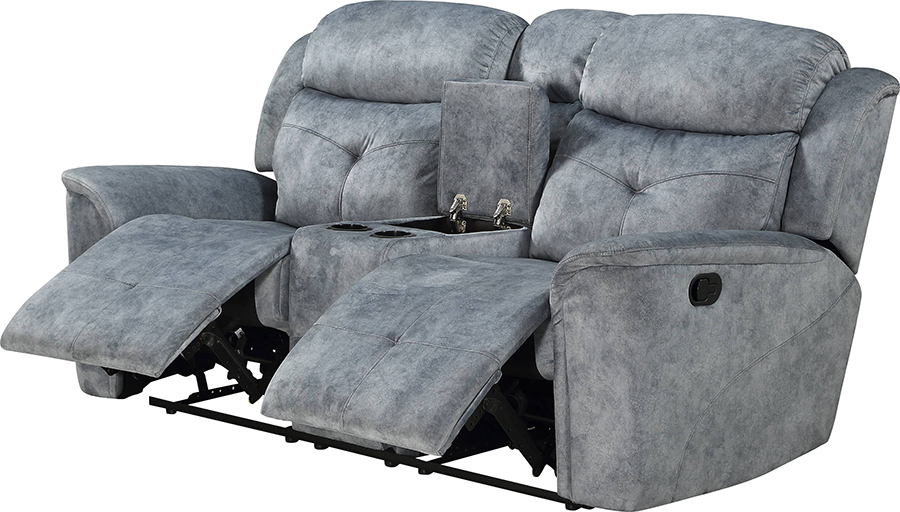 Silver Gray Fabric Reclining Loveseat Angle w/ Reclined Seats & Opened Middle Console