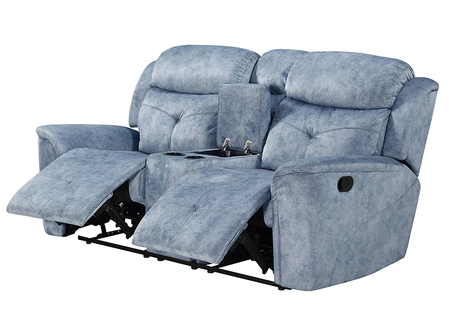 Silver Blue Fabric Reclining Loveseat Angle w/ Reclined Seats & Opened Middle Console