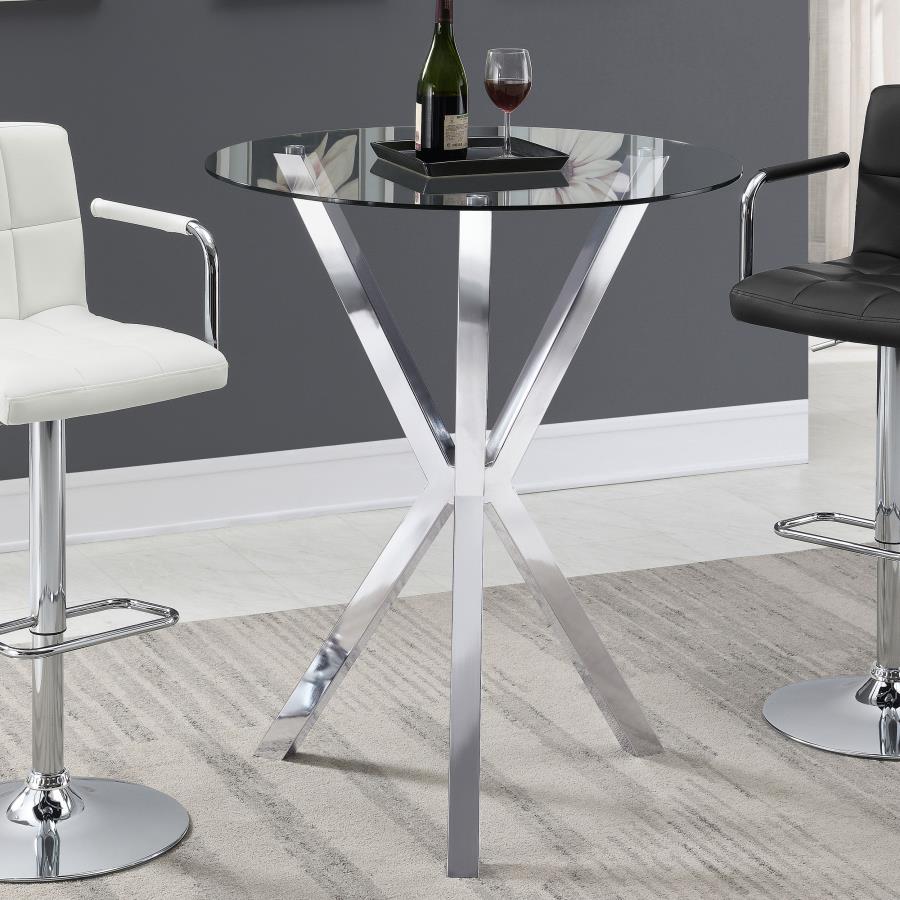 Round Pub Table With Glass Top And X Shaped Chrome Colored Base 6984