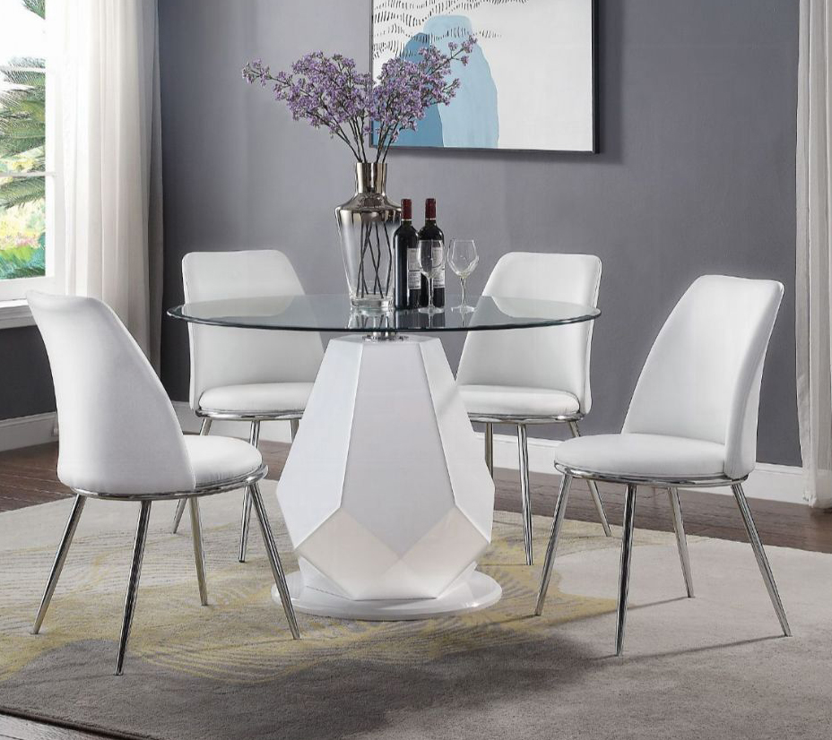 Chara White High Glass and Glass Top Round Dining Table