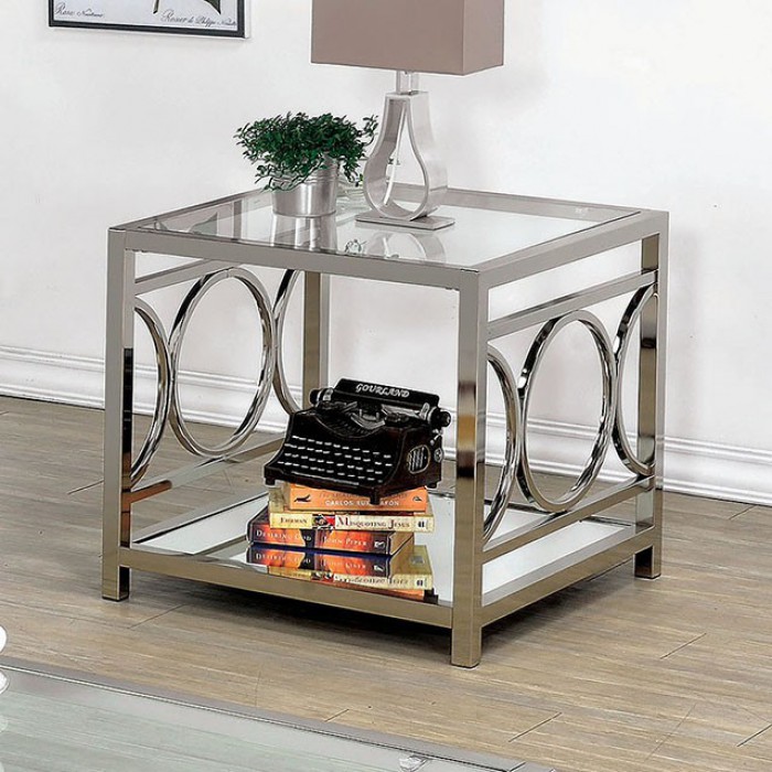 Rylee Tempered Glass End Table with Mirrored Open Shelf